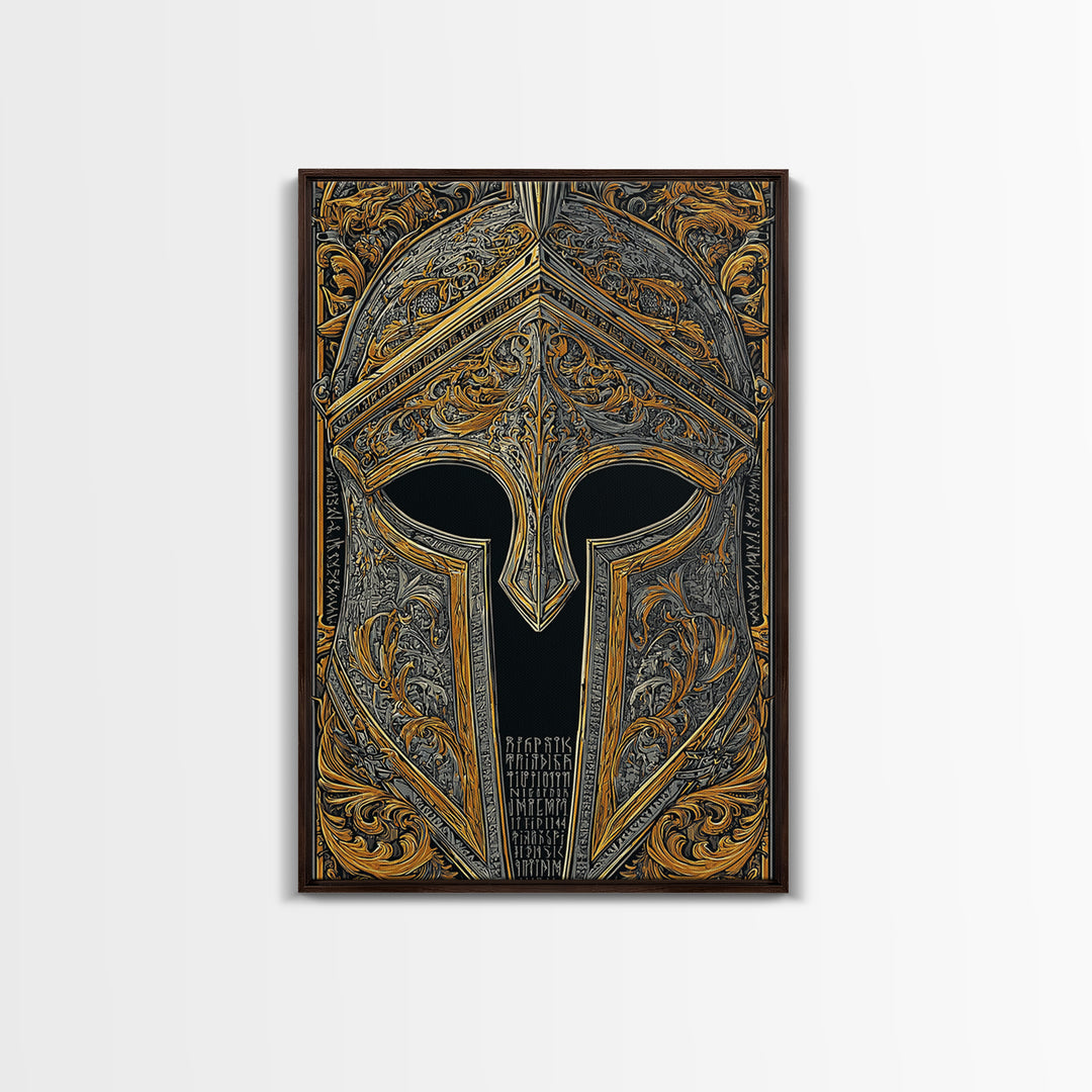 Runic Spartan Helmet with Ornate Gold Carving – Canvas Gold Art, Intricate Ancient Helmet Canvas Art, Mythic Warrior Decor