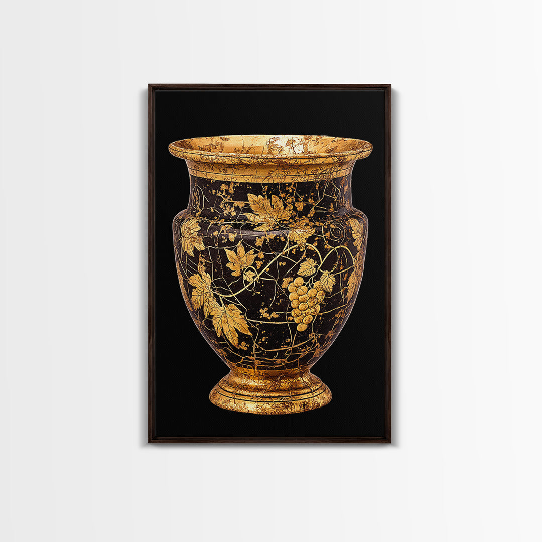 Black & Gold Grape Vase Canvas Gold Canvas Print – Elegant Vine & Wine Themed Wall Art with Real Wood Frame – Modern Classic Decor