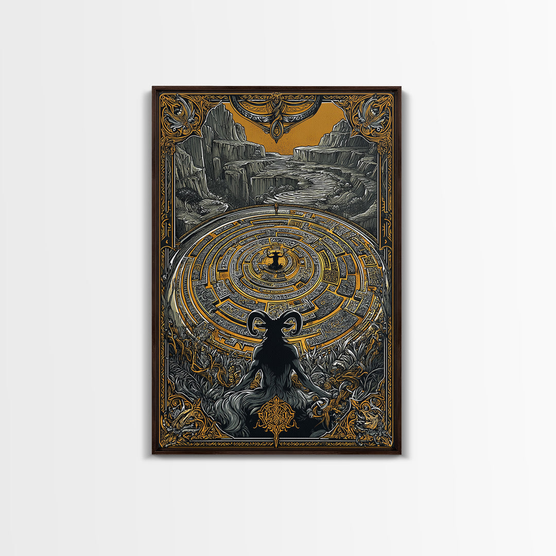 Labyrinth Minotaur Fantasy Scene Canvas Gold Canvas Print with Real Wood Frame – Mythology Inspired Wall Art