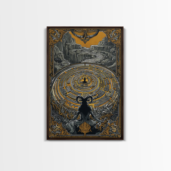 Labyrinth Minotaur Fantasy Scene Canvas Gold Canvas Print with Real Wood Frame – Mythology Inspired Wall Art