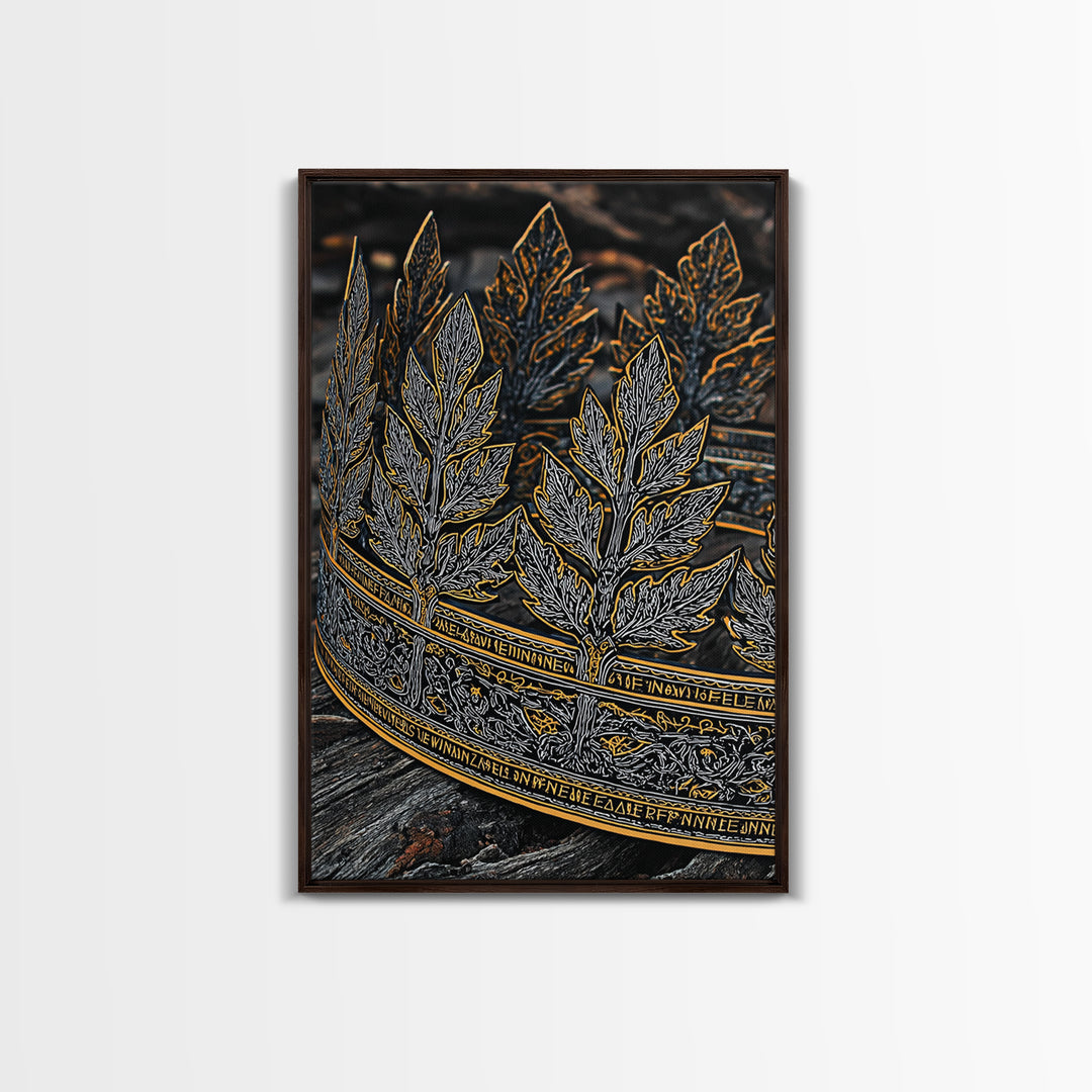 Laurel Leaf Crown Canvas Gold Art Print with Real Wood Frame – Regal Nature-Inspired Decorative Wall Piece