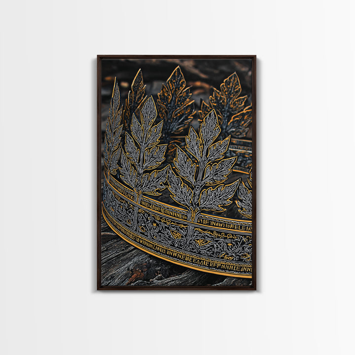 Laurel Leaf Crown Canvas Gold Art Print with Real Wood Frame – Regal Nature-Inspired Decorative Wall Piece