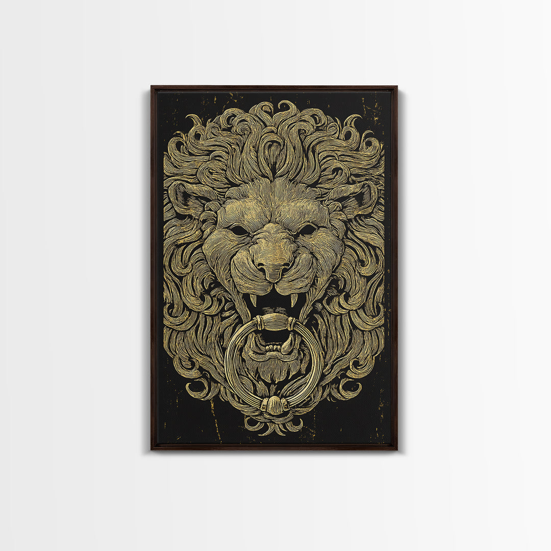 Vintage Lion Head Door Knocker Canvas Gold Canvas Print with Real Wood Frame – Bold Statement Wall Art