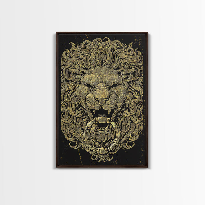 Vintage Lion Head Door Knocker Canvas Gold Canvas Print with Real Wood Frame – Bold Statement Wall Art