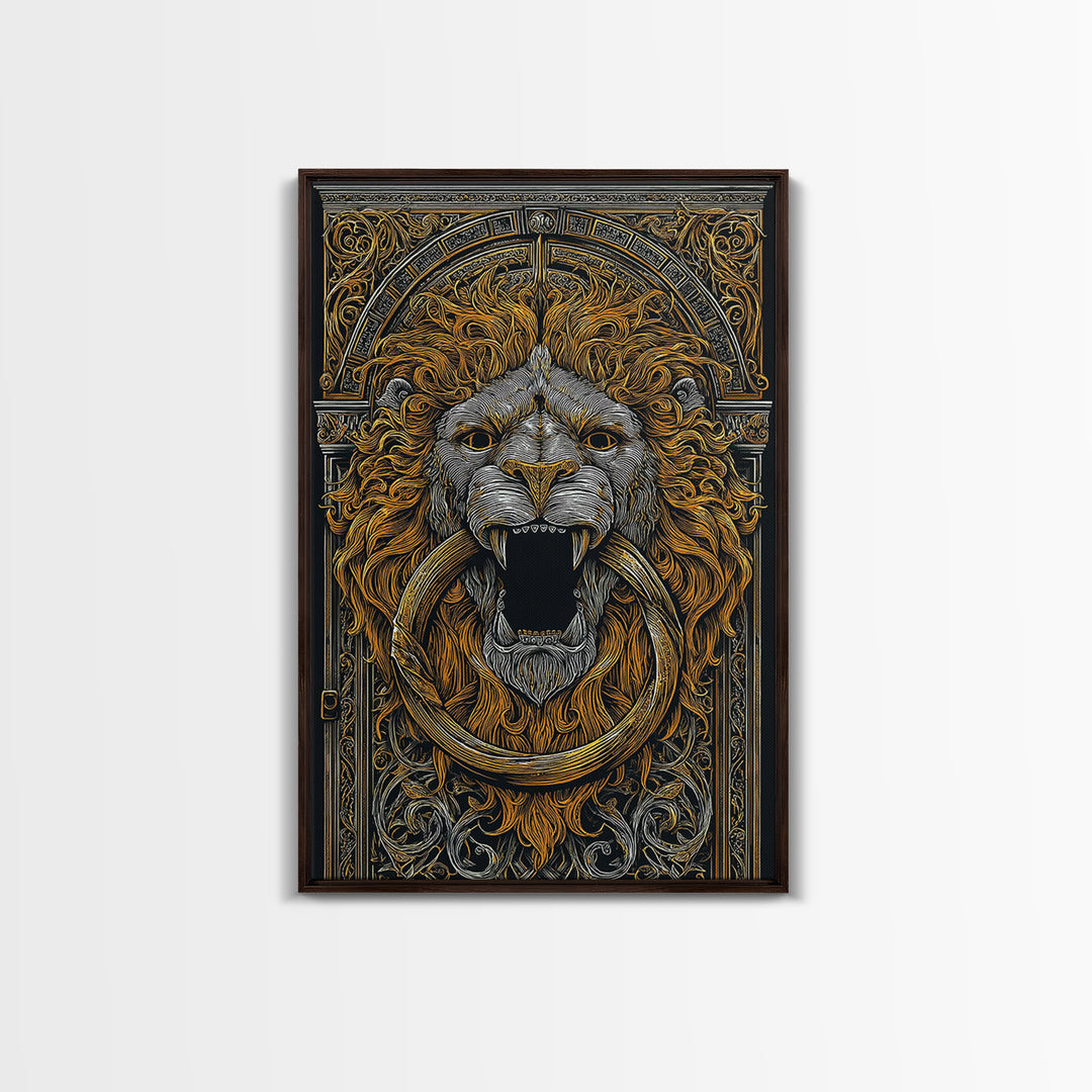 Ornate Lion Door Knocker Canvas Gold Canvas Print with Real Wood Frame – Luxury Victorian Style Wall Decor