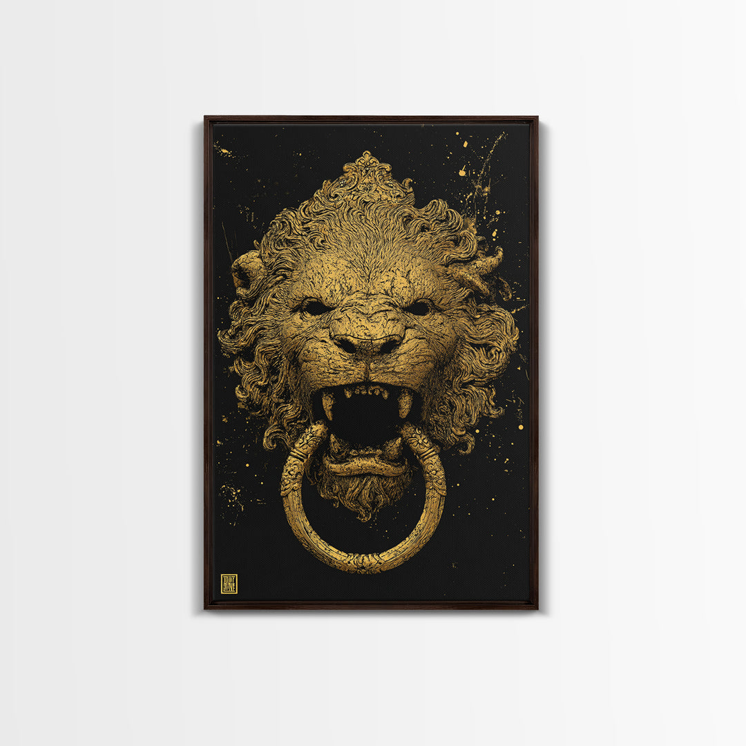 Aged Lion Door Knocker Canvas Gold Art Print with Real Wood Frame – Rustic Antique-Inspired Home Wall Art