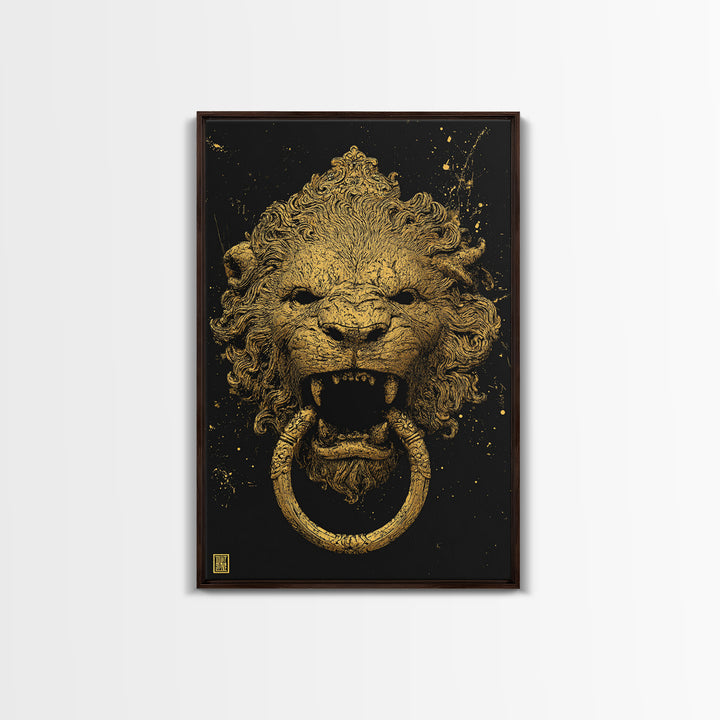 Aged Lion Door Knocker Canvas Gold Art Print with Real Wood Frame – Rustic Antique-Inspired Home Wall Art