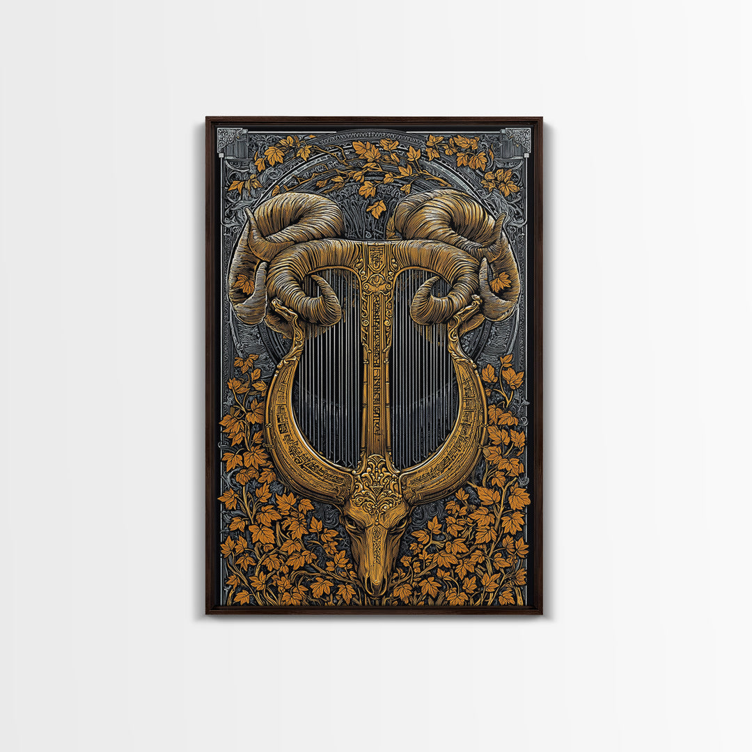 Ram Horn Lyre Canvas Gold Canvas Print with Real Wood Frame – Mythic Musical Instrument Wall Decor