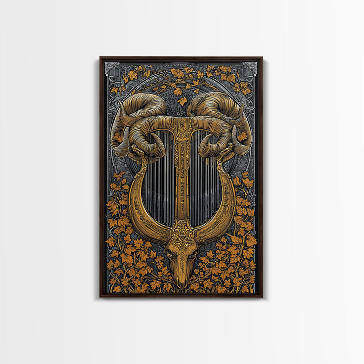 Ram Horn Lyre Canvas Gold Canvas Print with Real Wood Frame – Mythic Musical Instrument Wall Decor