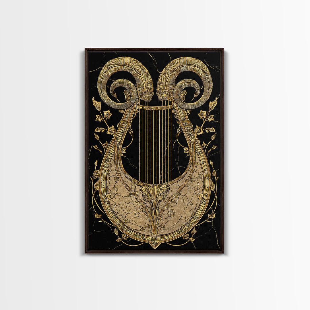 Ancient Ram Horn Lyre Canvas Gold Art Print with Real Wood Frame – Classical Mythology Inspired Wall Art