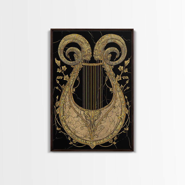 Ancient Ram Horn Lyre Canvas Gold Art Print with Real Wood Frame – Classical Mythology Inspired Wall Art