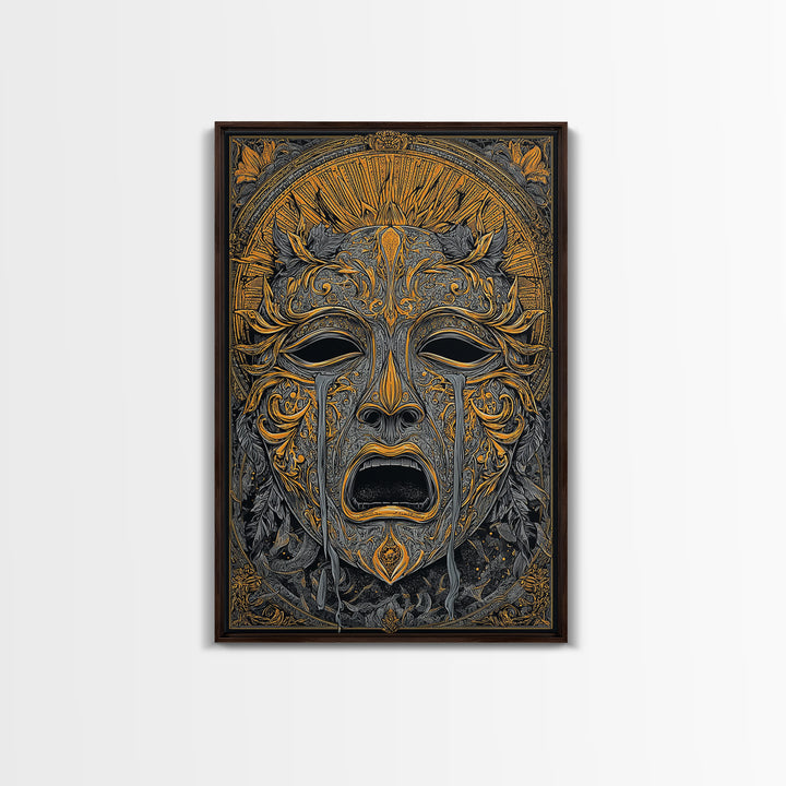 Crying Ornate Mask Canvas Gold Canvas Print with Real Wood Frame – Dramatic Theatrical Inspired Wall Art