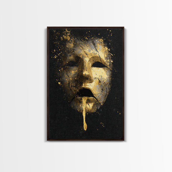 Abstract Gold-Drip Mask Canvas Gold Art Print with Real Wood Frame – Modern Surreal Face Wall Decor