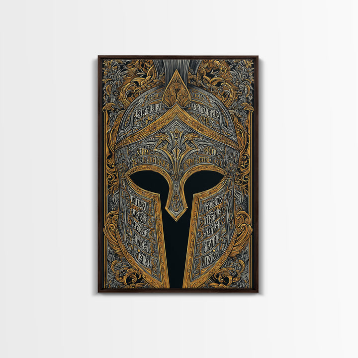 Fantasy Spartan Helmet with Dragon Ornament – Canvas Gold Art, Elaborate Canvas Art Print, Ancient Warrior Wall Decoration