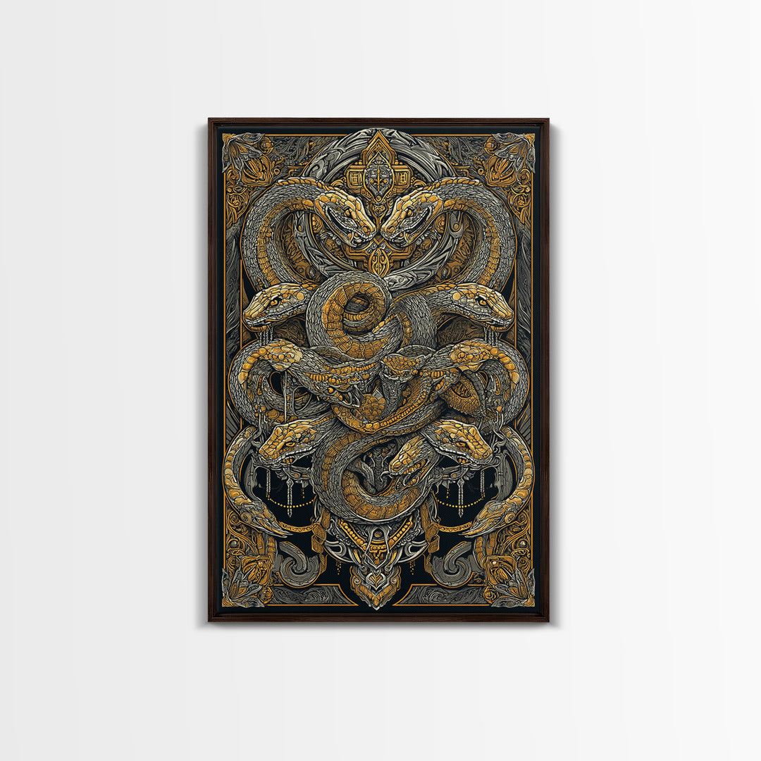 The Serpent Conclave – A Tangled Reign of Golden Scales, Canvas Art, Canvas Gold Print, Canvas Wall Art, Man Cave Decor