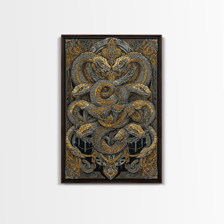The Serpent Conclave – A Tangled Reign of Golden Scales, Canvas Art, Canvas Gold Print, Canvas Wall Art, Man Cave Decor