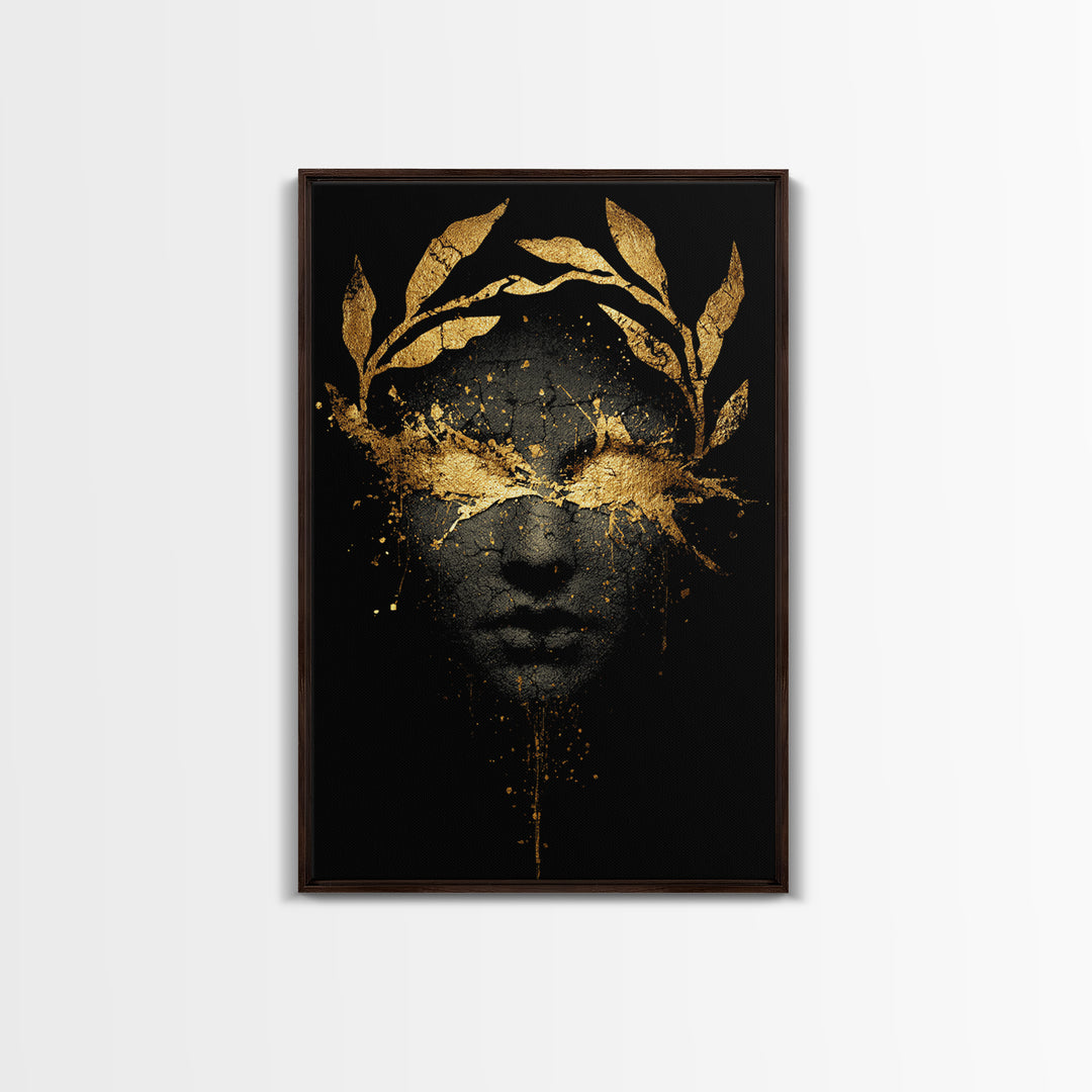 Veiled in Glory – The Laurel-Crowned Gaze of Gold, Canvas Art, Canvas Gold Print, Canvas Wall Art, Man Cave Decor