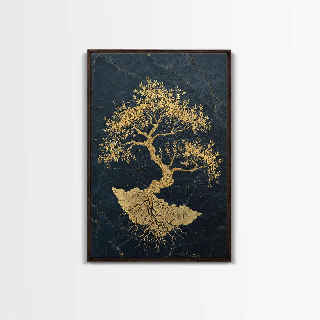 The Gilded Bonsai – Roots Anchored in Stone and Time, Canvas Art, Canvas Gold Print, Canvas Wall Art, Man Cave Decor