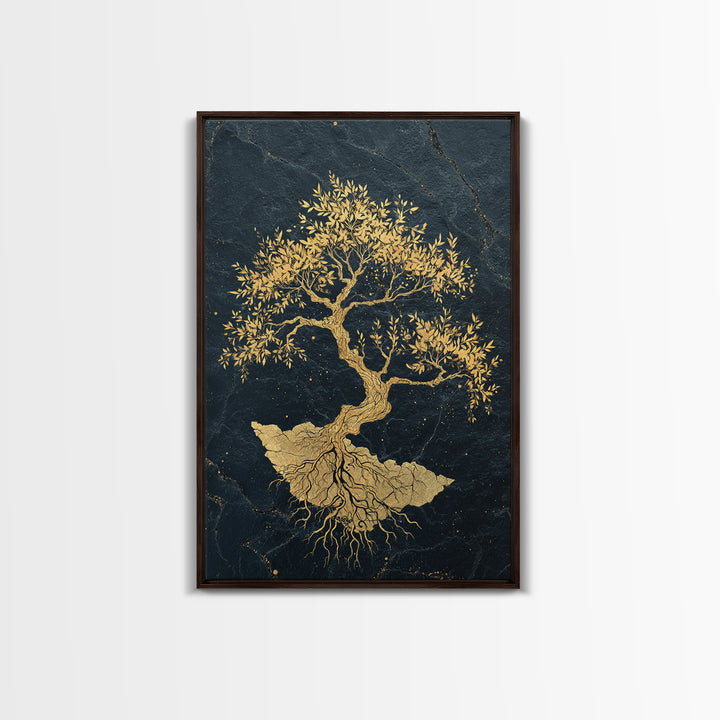 The Gilded Bonsai – Roots Anchored in Stone and Time, Canvas Art, Canvas Gold Print, Canvas Wall Art, Man Cave Decor