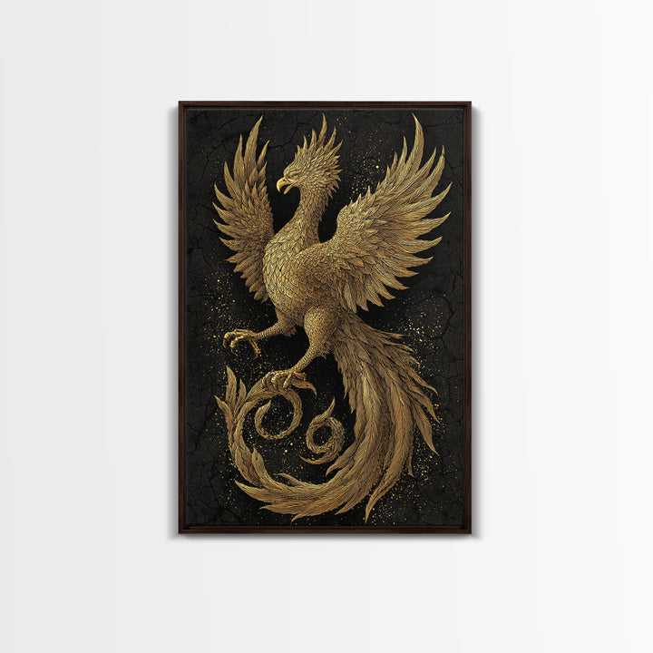 Golden Phoenix in Flight – A Herald of Renewal, Canvas Art, Canvas Gold Print, Canvas Wall Art, Man Cave Decor