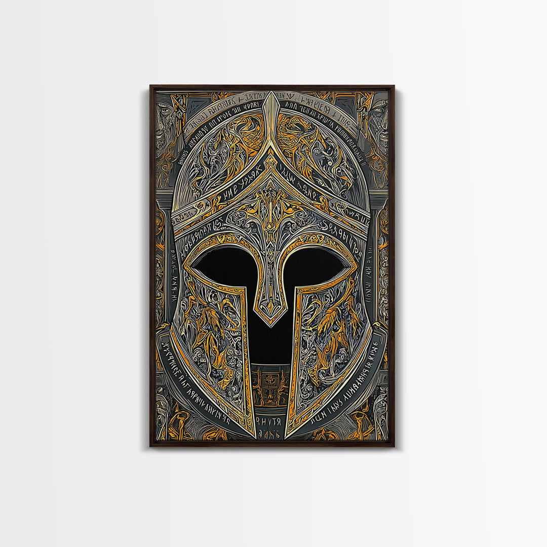 Fiery Engraved Spartan Helmet Wall Print – Canvas Gold Art, Lavish Historical Helmet Canvas Art, Classic War Decor