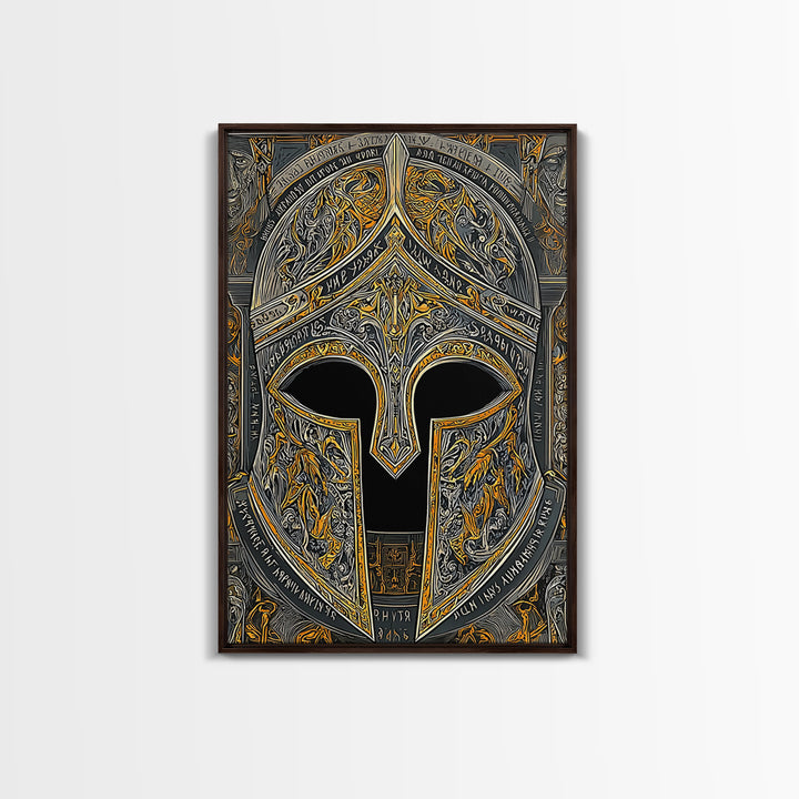 Fiery Engraved Spartan Helmet Wall Print – Canvas Gold Art, Lavish Historical Helmet Canvas Art, Classic War Decor