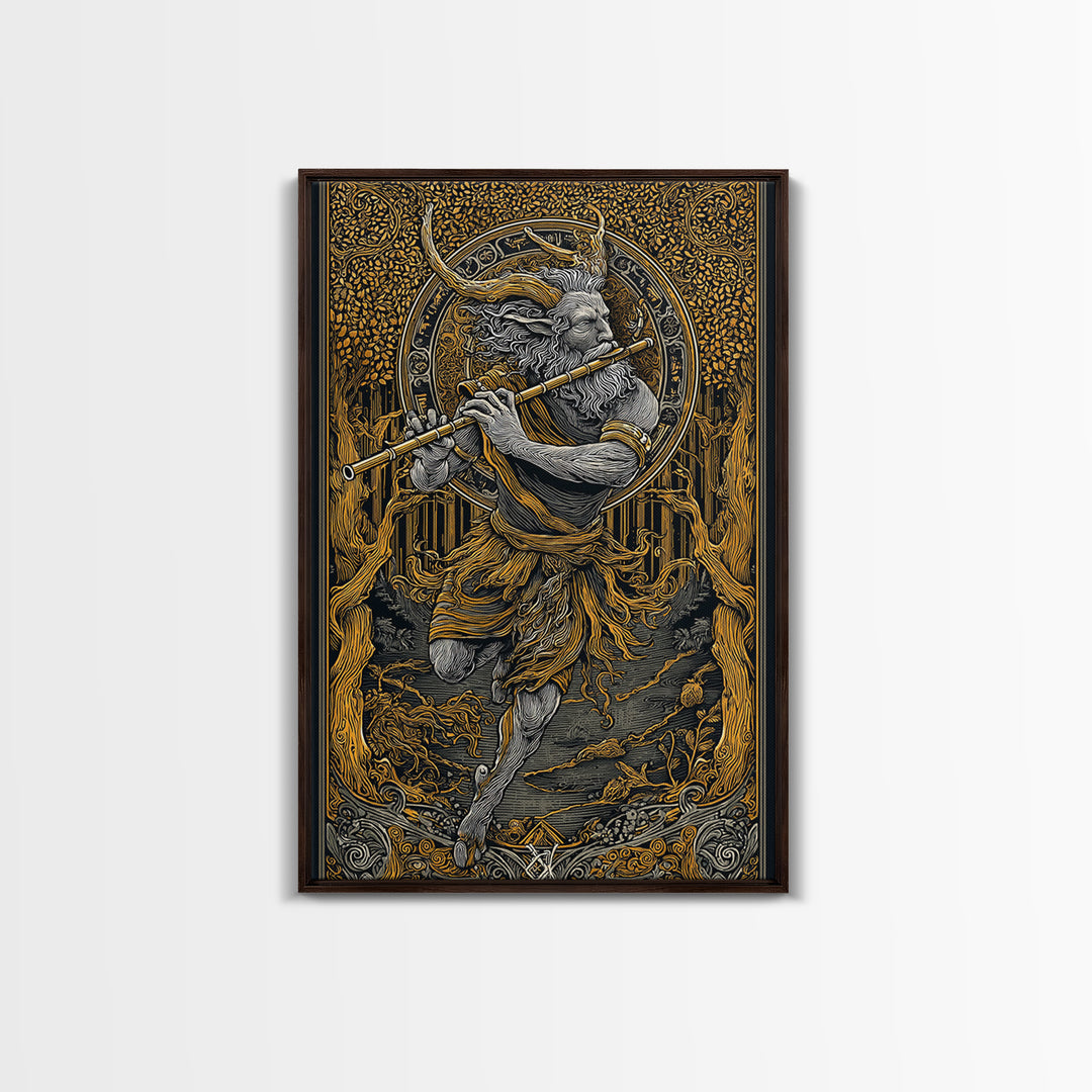 Pan’s Lament – The Wild God’s Song Through the Golden Grove, Canvas Art, Canvas Gold Print, Canvas Wall Art, Man Cave Decor