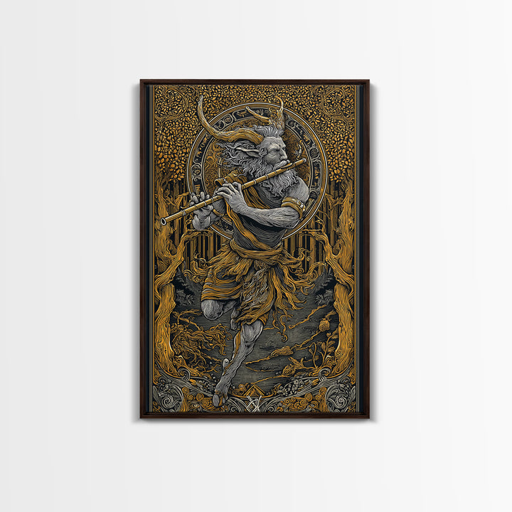 Pan’s Lament – The Wild God’s Song Through the Golden Grove, Canvas Art, Canvas Gold Print, Canvas Wall Art, Man Cave Decor