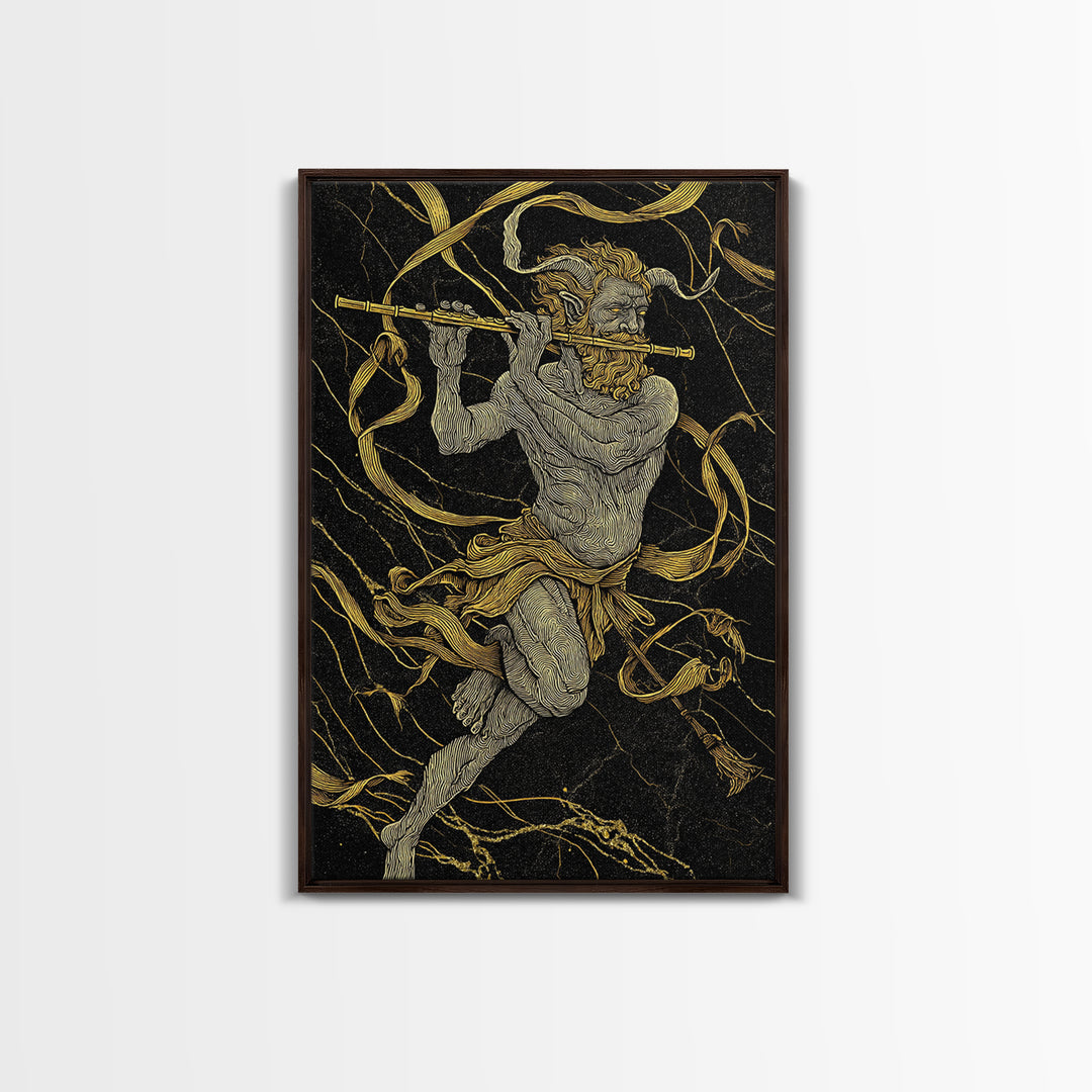 Greek God Pan Playing Flute – Canvas Gold Canvas Print – Mythology Wall Art with Real Wood Frame for Classical Home Decor