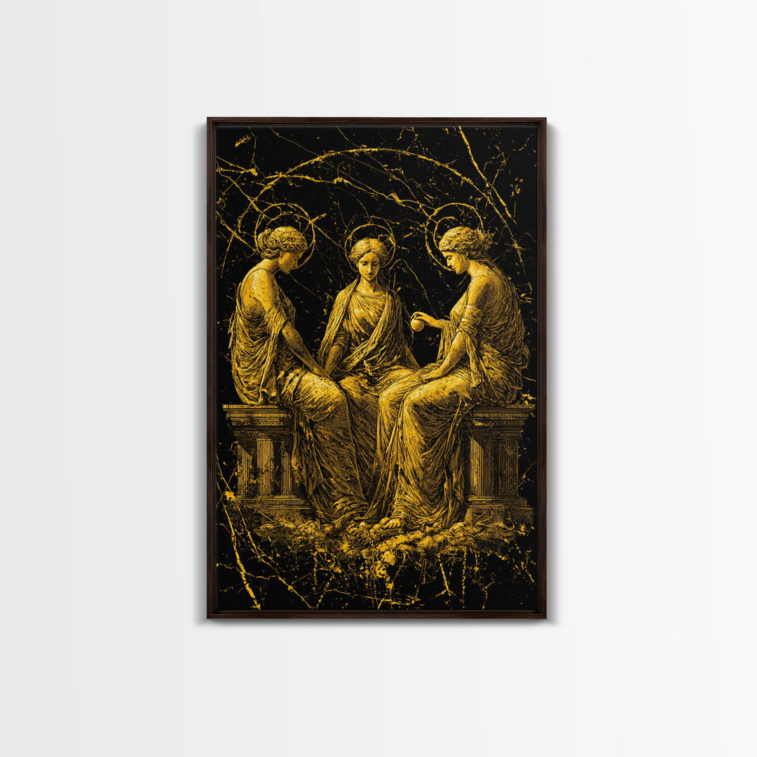 The Three Graces – Canvas Gold Canvas Print – Greek Goddess Wall Art with Real Wood Frame for Elegant Classical Room Decor