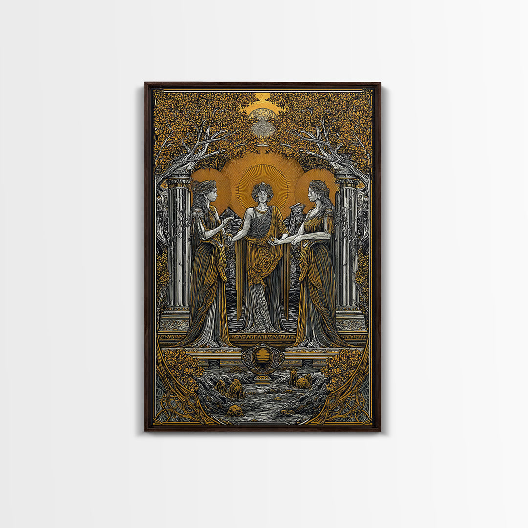 Greek Goddesses in Golden Garden – Canvas Gold Canvas Print – Classical Mythology Wall Art with Real Wood Frame