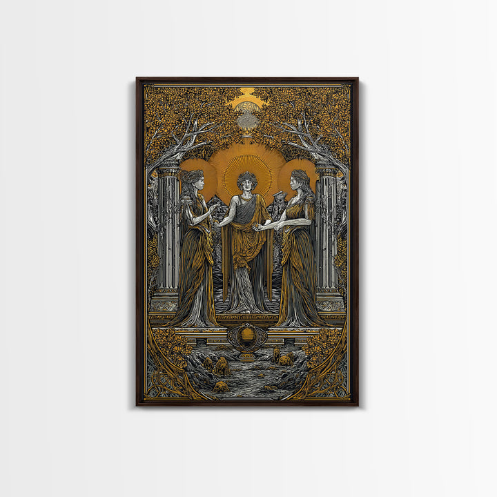 Greek Goddesses in Golden Garden – Canvas Gold Canvas Print – Classical Mythology Wall Art with Real Wood Frame