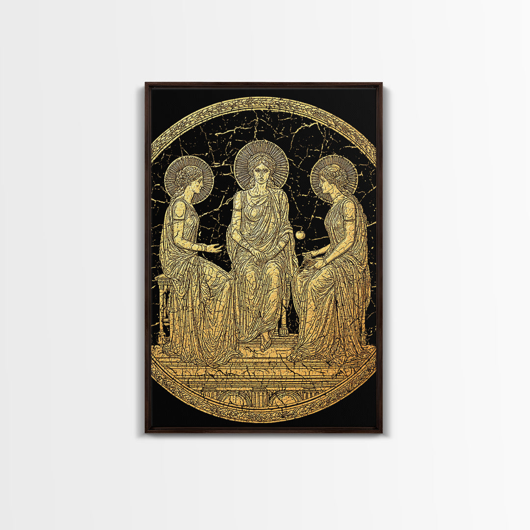 Golden Three Goddesses – Canvas Gold Canvas Print – Classical Greek Wall Art with Real Wood Frame for Mythology Lovers