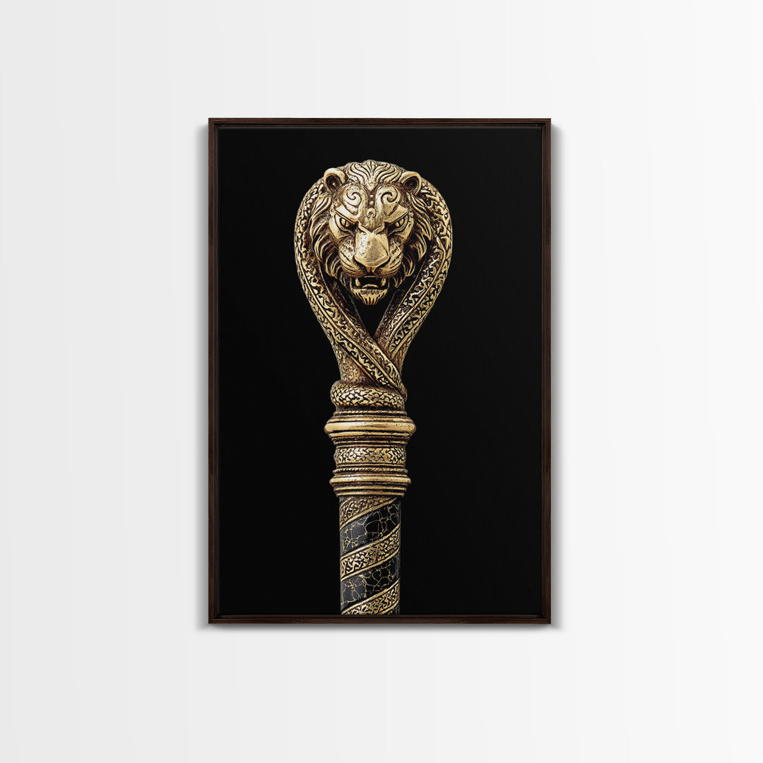 Lion and Serpent Staff Head – Canvas Gold Canvas Print – Ancient Weapon Design Art with Real Wood Frame for Bold Wall Decor