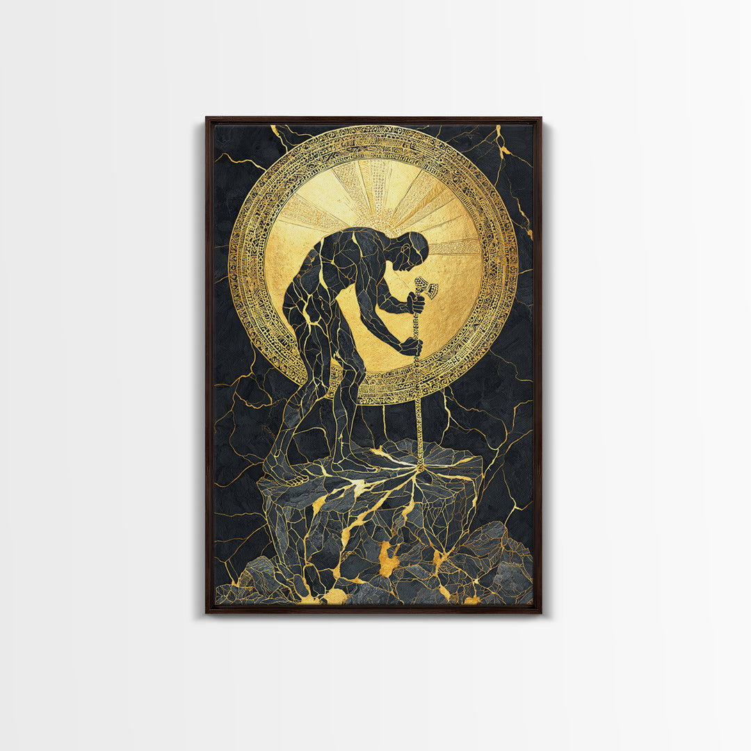 Man with Sword and Sun – Canvas Gold Canvas Print – Heroic Mythology Wall Art with Real Wood Frame for Powerful Home Accent