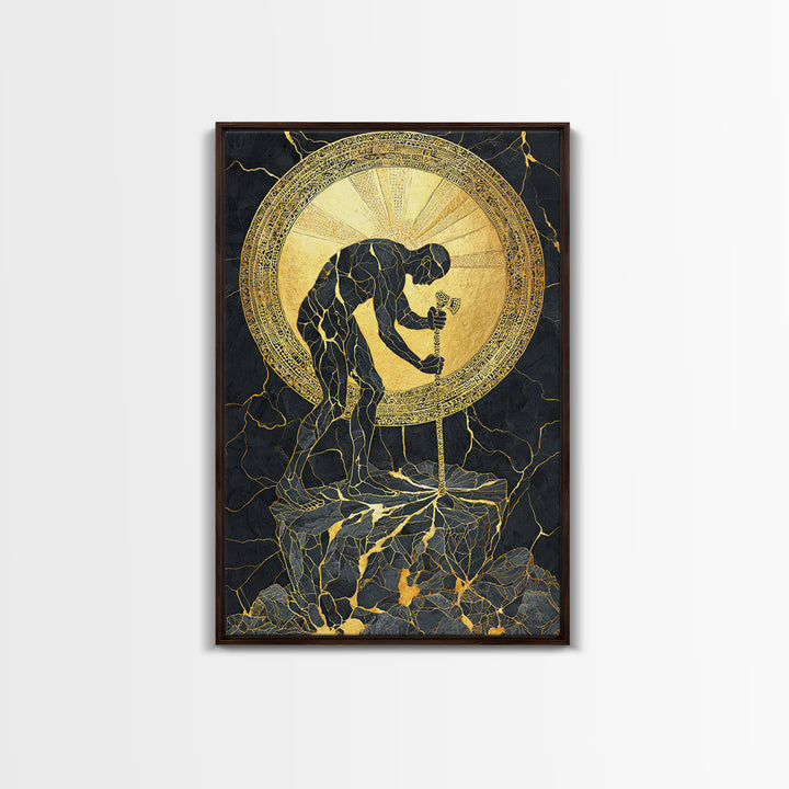 Man with Sword and Sun – Canvas Gold Canvas Print – Heroic Mythology Wall Art with Real Wood Frame for Powerful Home Accent