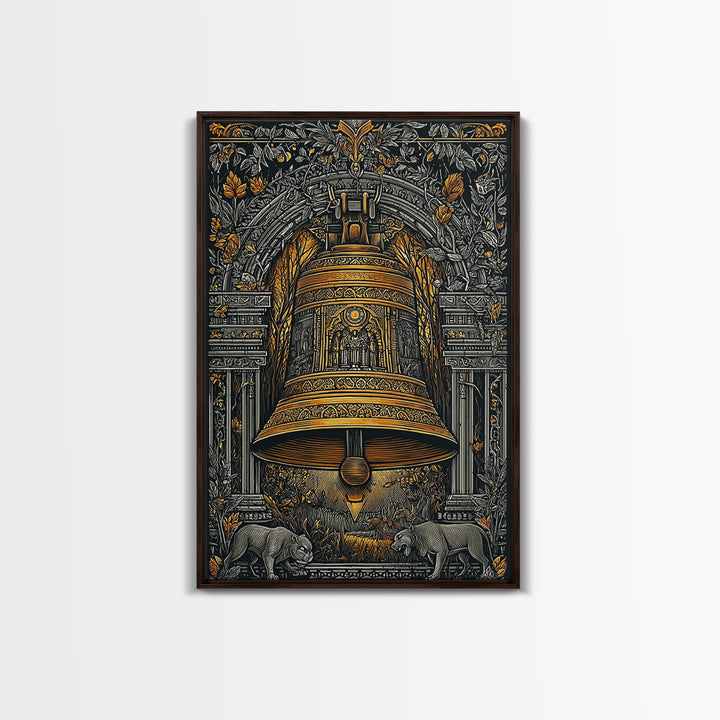 Ornate Golden Bell with Wolves – Canvas Gold Canvas Print – Fantasy Architectural Wall Art with Real Wood Frame