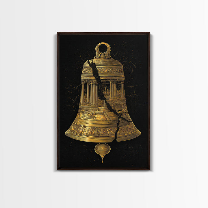 Cracked Temple Bell – Canvas Gold Canvas Print – Ancient Ruins Wall Art with Real Wood Frame for History and Myth Lovers