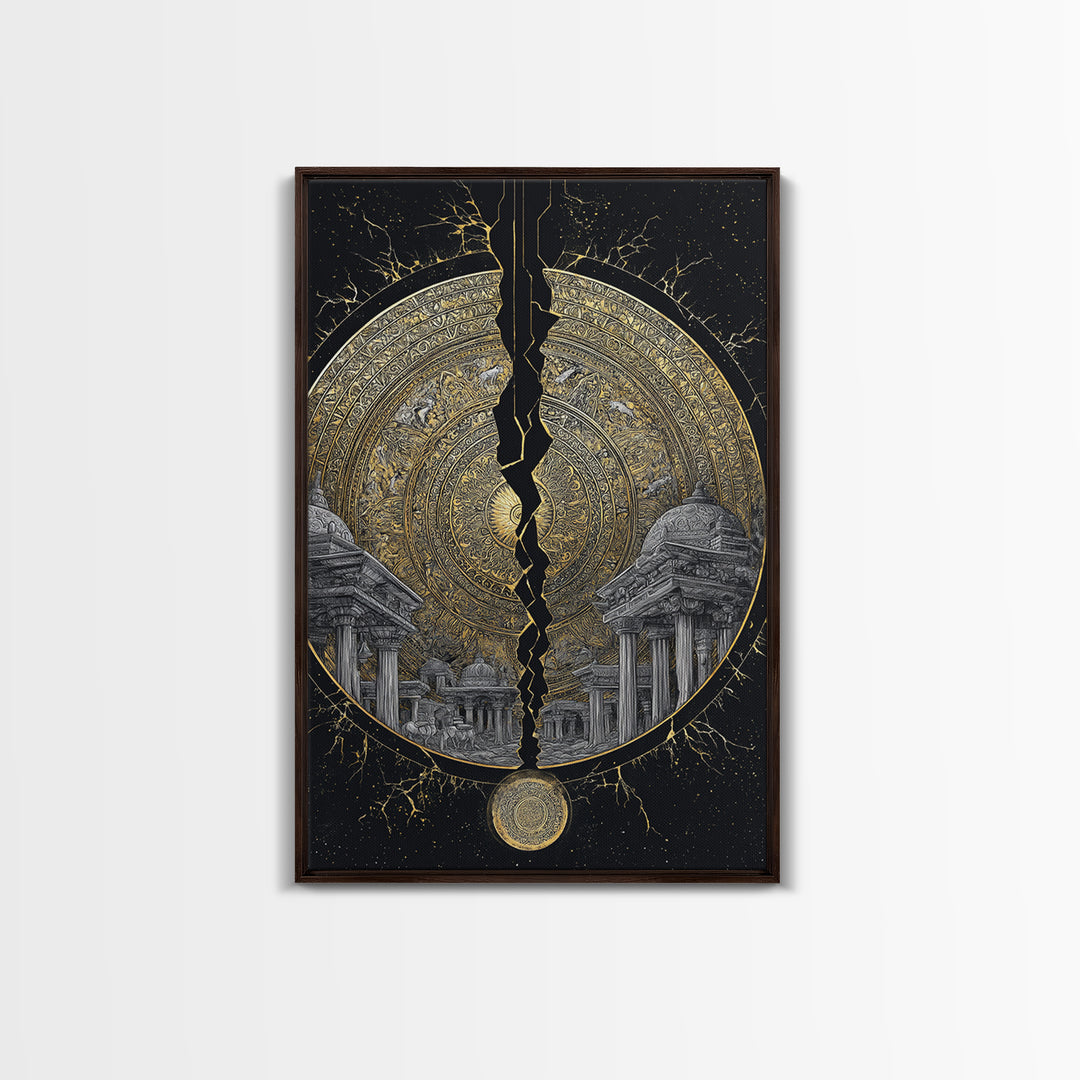 Cracked Golden Mandala Temple – Canvas Gold Canvas Print – Intricate Ancient Architecture Wall Art with Real Wood Frame