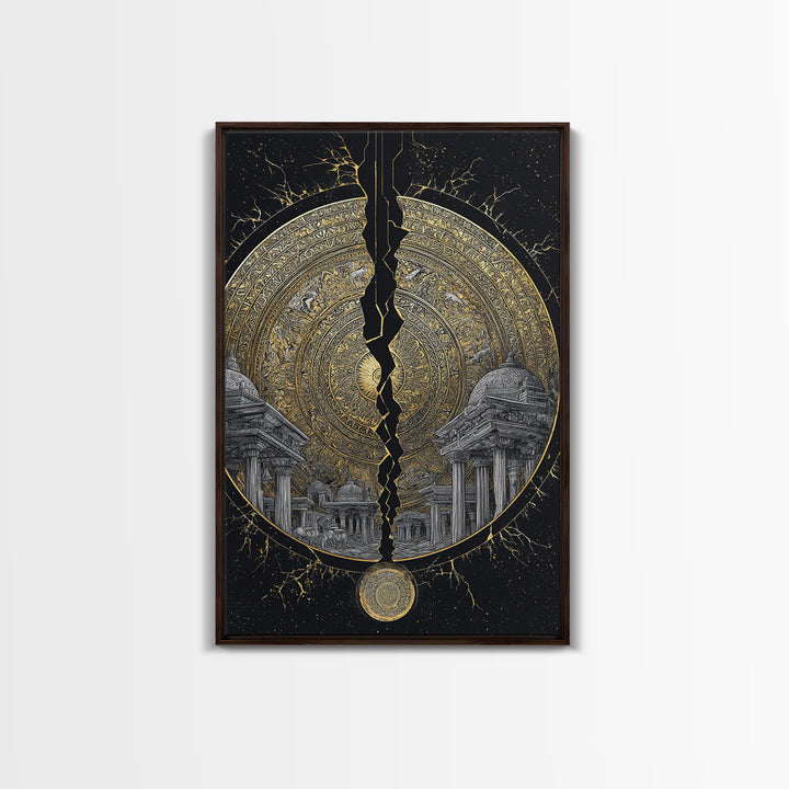 Cracked Golden Mandala Temple – Canvas Gold Canvas Print – Intricate Ancient Architecture Wall Art with Real Wood Frame