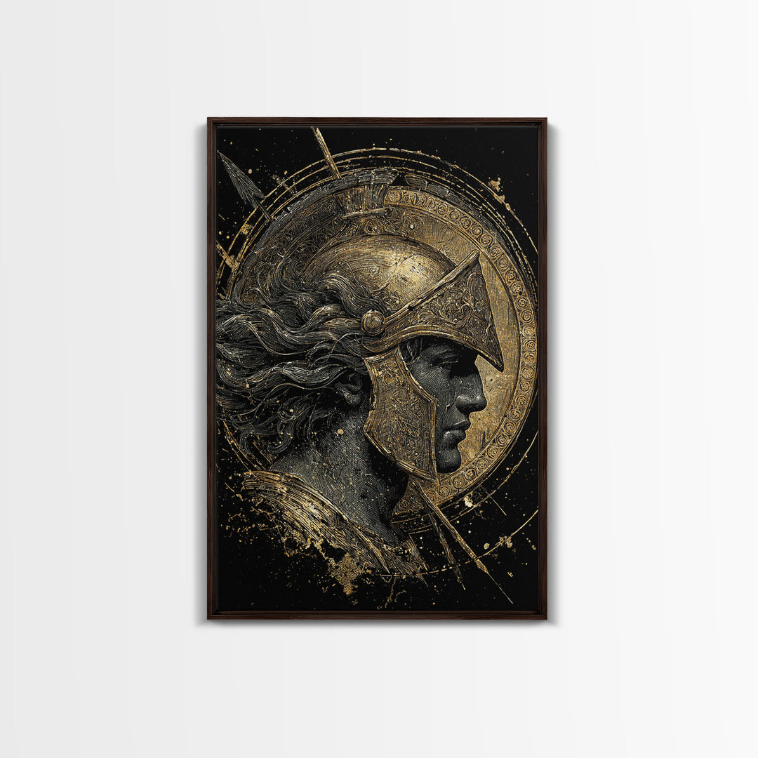 Greek Warrior Profile, Canvas Gold Canvas Print, Ancient Mythology Wall Art, Real Wood Frame Decor, Luxury Hero Artwork