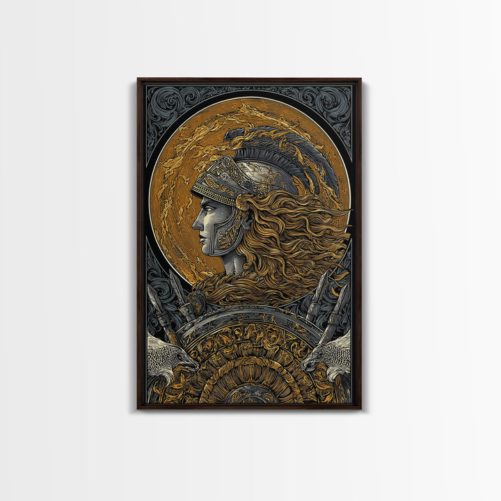 Athena Greek Goddess, Canvas Gold Art, Warrior Helmet Canvas Print, Real Wood Frame Decor, Ancient Mythology Wall Artwork
