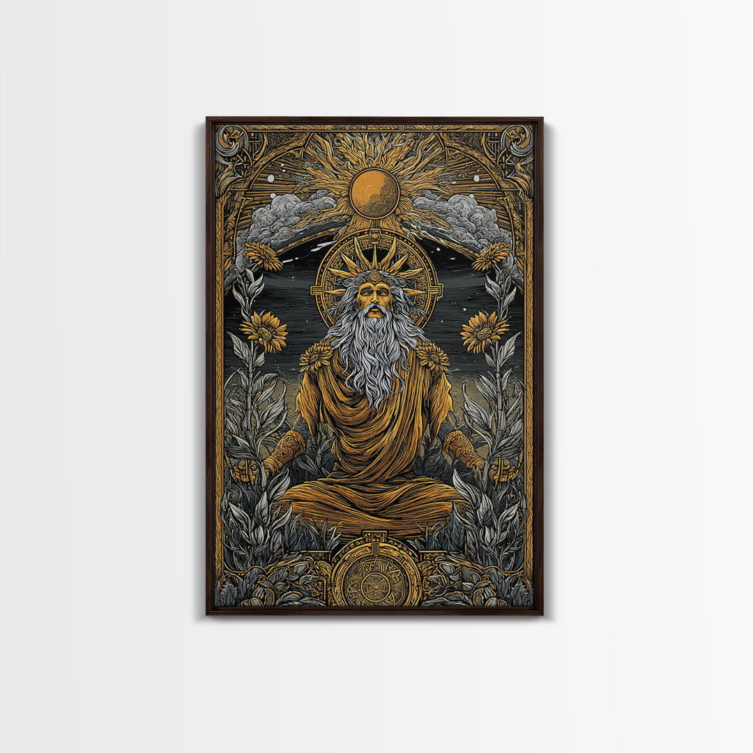 Greek Sun God Illustration, Canvas Gold Canvas Print, Mythology Wall Art, Real Wood Frame Decor, Luxury Ancient Artwork