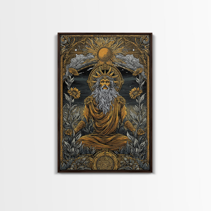 Greek Sun God Illustration, Canvas Gold Canvas Print, Mythology Wall Art, Real Wood Frame Decor, Luxury Ancient Artwork