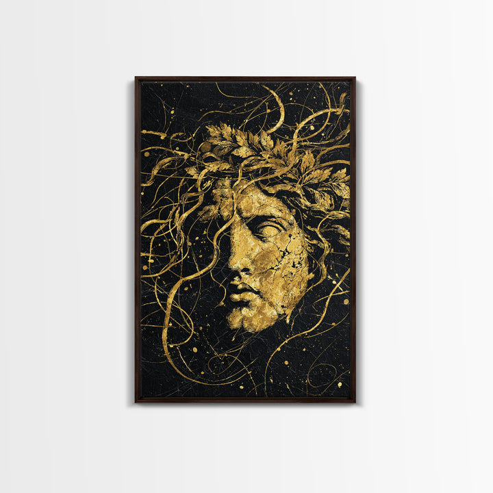 Apollo Greek Statue Canvas Gold Canvas Print, Mythological Music And Light Inspired Art, Real Wood Framed Wall Decoration
