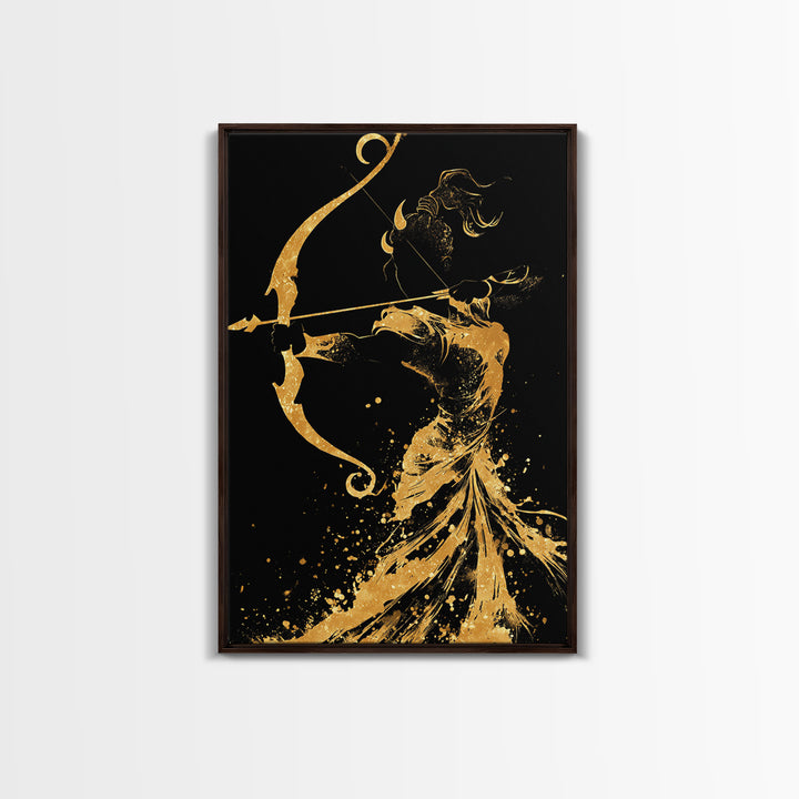Artemis Goddess Canvas Gold Canvas Print, Greek Mythology Archer Huntress Artwork, Real Wood Framed Ancient Decorative Wall Art