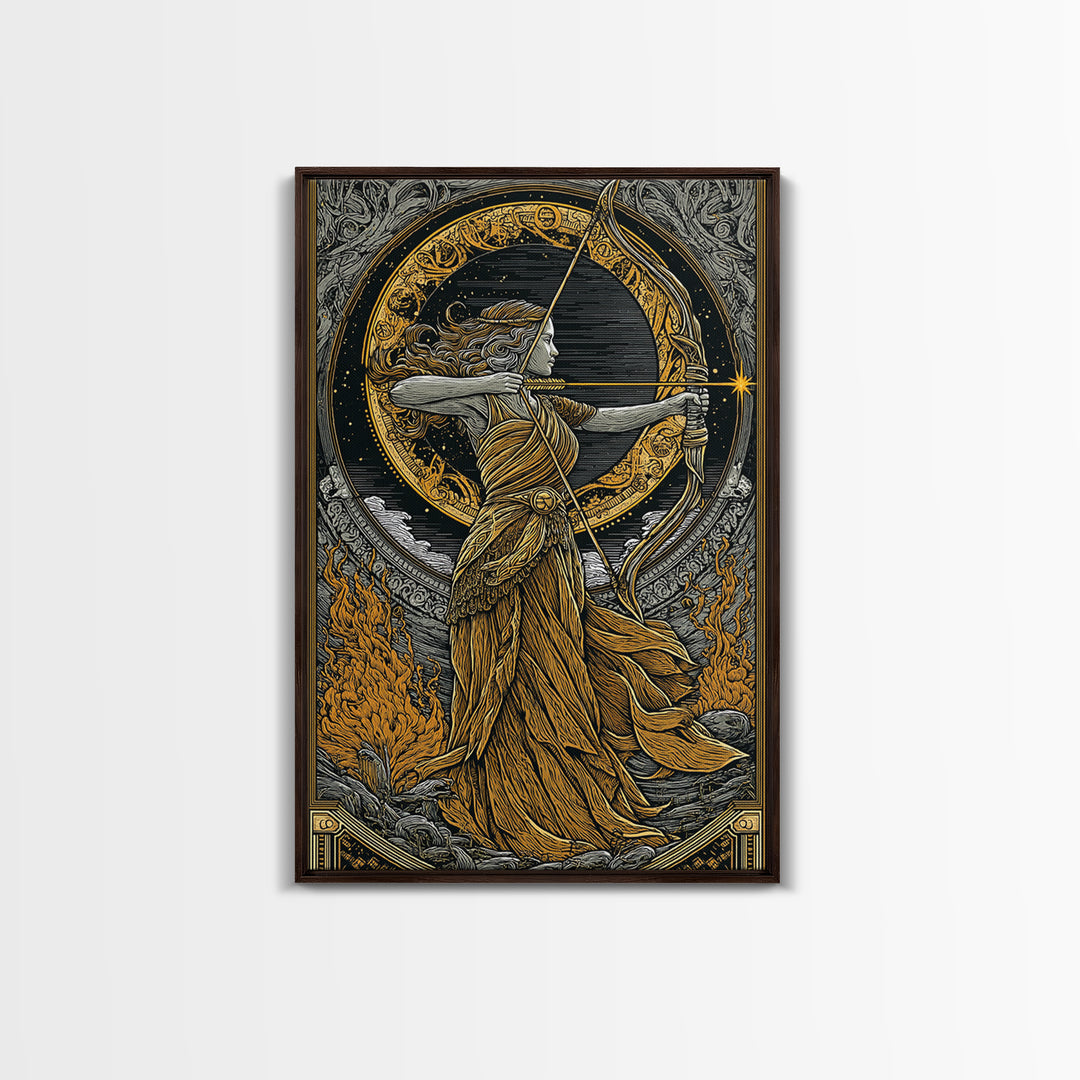Artemis Greek Goddess Canvas Gold Canvas Print, Bow And Arrow Mythology Inspired Artwork, Real Wood Frame Decorative Wall Art