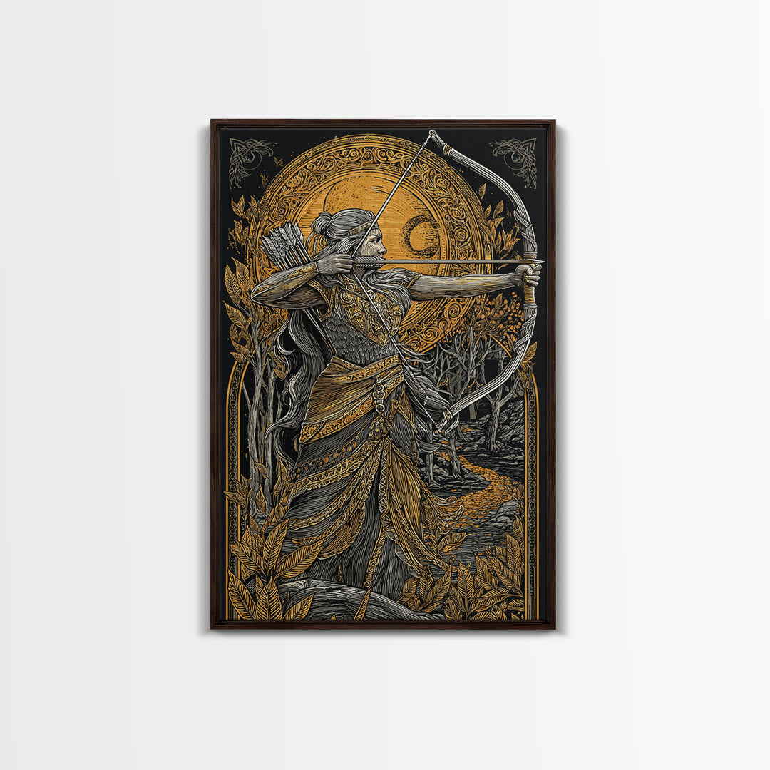 Artemis Moonlit Huntress With Bow, Canvas Gold Art, Real Wood Framed Print, Greek Goddess Wall Decor, Mythology Artwork