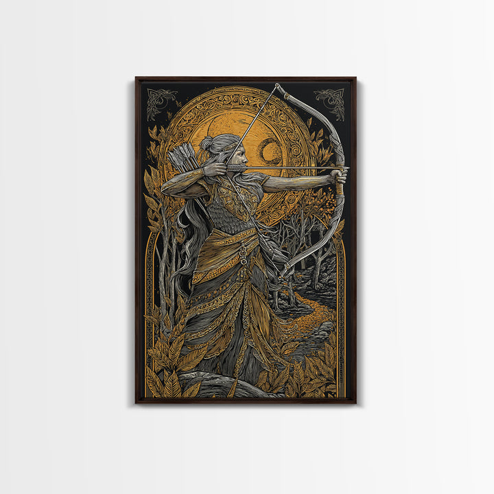 Artemis Moonlit Huntress With Bow, Canvas Gold Art, Real Wood Framed Print, Greek Goddess Wall Decor, Mythology Artwork