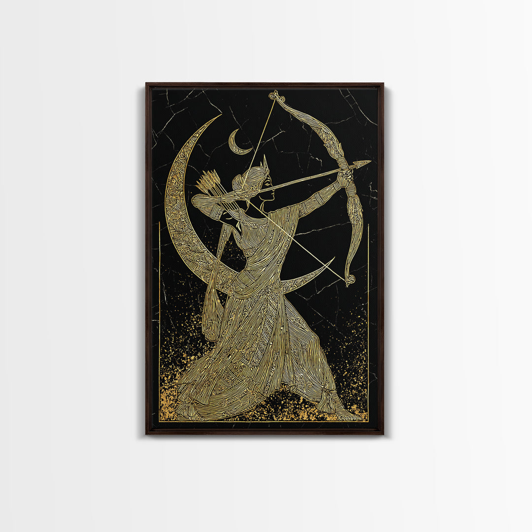Artemis Lunar Goddess Archery Scene, Canvas Gold Art Print, Real Wood Frame, Mythology Wall Art, Elegant Greek Decor